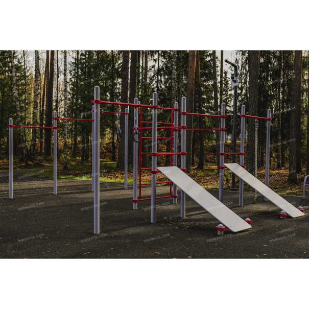 006453 - Комплекс из 3 турников, 2 скамеек для пресса, шведской стенки, каната и колец - фото пример 5